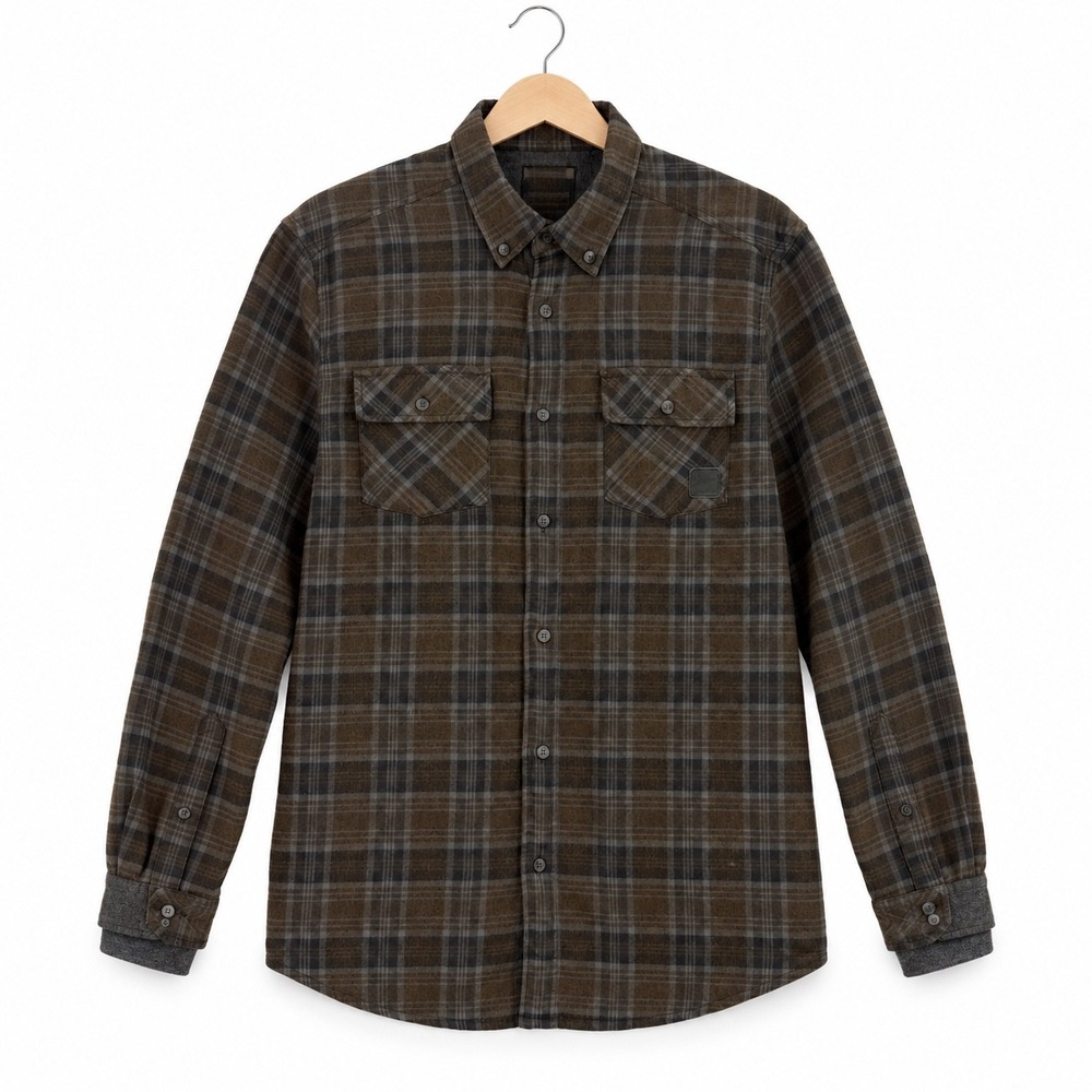 KAVU Mens Large Brown Gray Plaid Long Sleeve Cotton Button Up Shirt